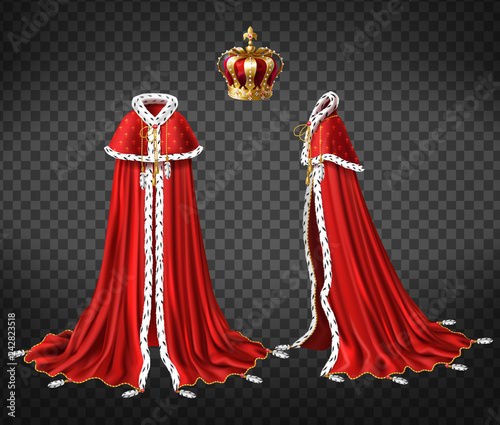 Kings royal robe with cape and mantle trimmed ermine fur and precious, gold crown decorated perls 3d realistic vector front, side view illustration isolated on transparent background. Monarch clothing photo