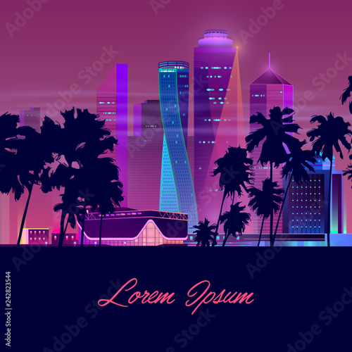 Metropolis in tropics cartoon vector banner in neon colors. Resort city nightlife concept with illuminated skyscrapers, mall, shopping center or casino building, palm trees silhouettes illustration