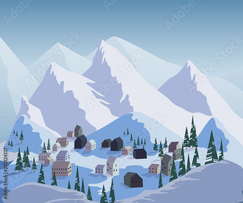 Ski resort. Beautiful landscape with mountains, houses, hotels, fir trees and ski lift. Vector illustration
