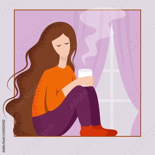 The girl drinks coffee from a mug. Illustration.