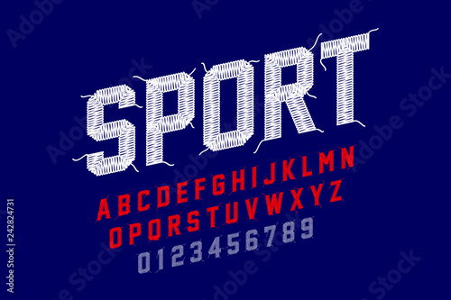 Embroidery font, sports style, stitched with thread alphabet letters and numbers
