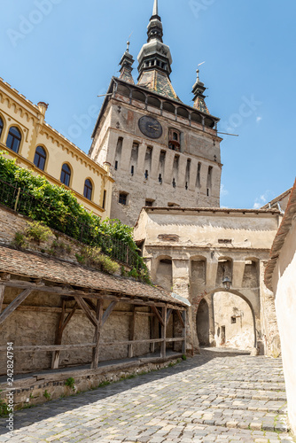 Street view in Sighisoara, medieval town of Transylvania, Romania 