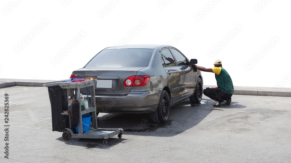 Fototapeta premium man washing car outodoors isolated on white