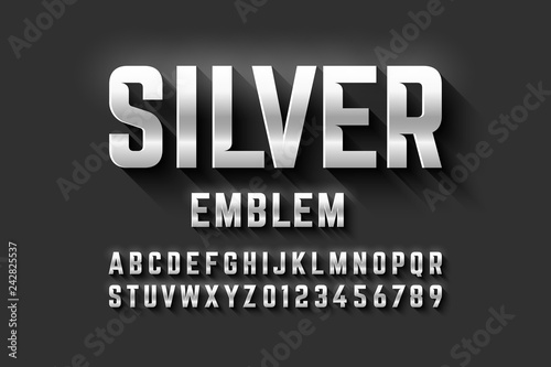Silver emblem style font, metallic alphabet letters and numbers
