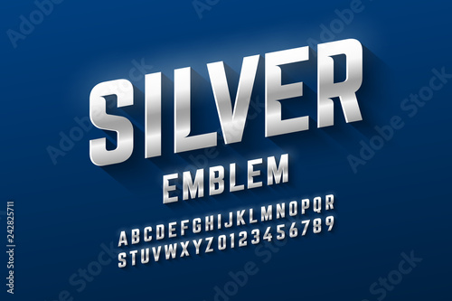 Silver emblem style font, metallic alphabet letters and numbers