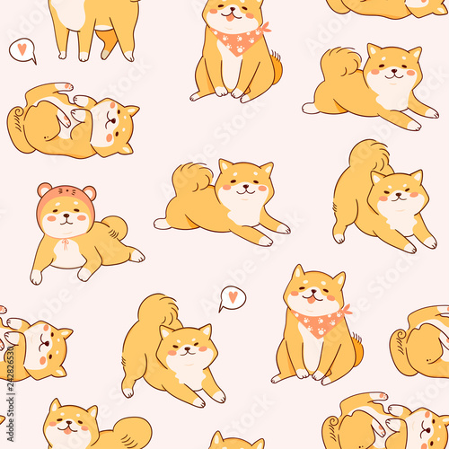 Kawaii Shiba Inu dogs in various poses. Hand drawn colored vector seamless pattern. Pink background