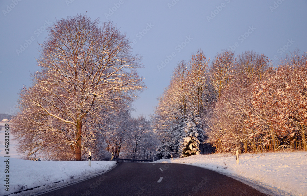 Winter landscape near Pfaffenhofen a.d.Roth, Bavaria, Germany at sunrise