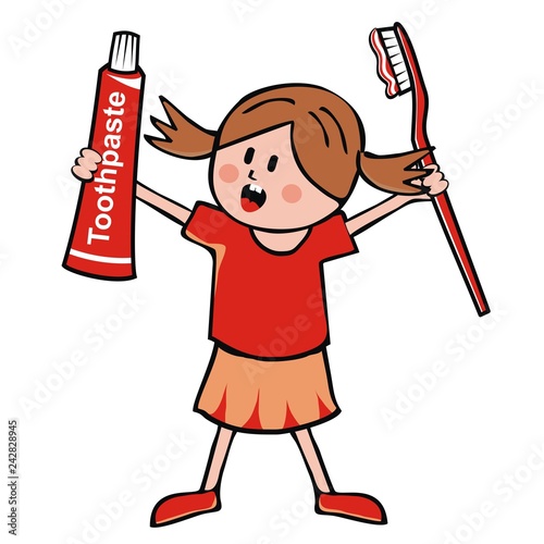 Little girl, toothpaste and toothbrush, vector illustration. Baby with toothpaste and red toothbrush. One person, isolated object. Cute ilustration for Health Advertising.
 photo