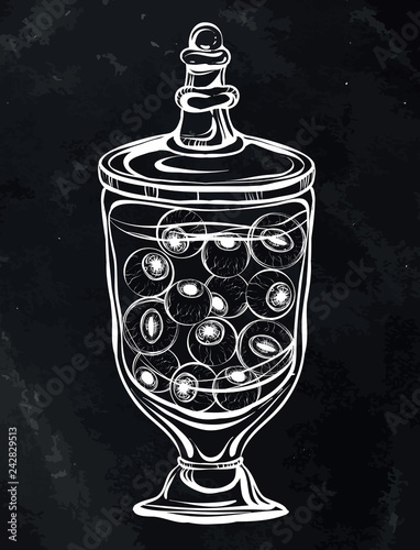 Halloween, Glass Bottles, potion, vector, handmade , Coloring book page design for kids and adults,Black background