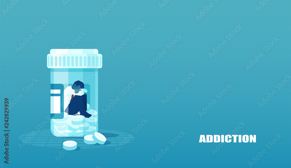 Vector of a sick sad patient man in depression drowning in medications sitting inside a bottle.