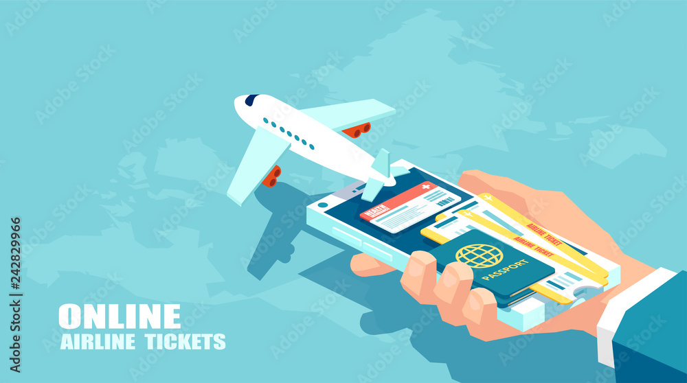 Obraz premium Booking airline tickets and traveler insurance online concept. Vector of travel, business flights worldwide