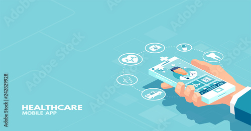 Vector of a patient using smartphone application communicating with professional doctor online.