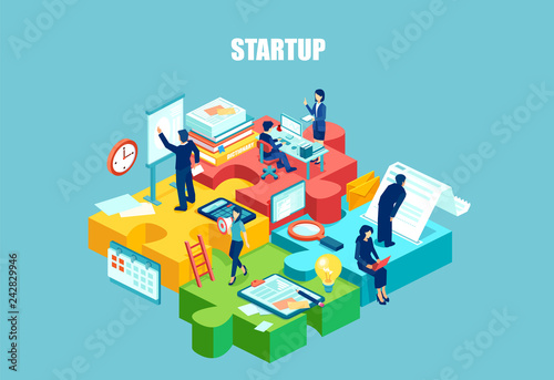 Isometric vector of startup employees working as well organized team.