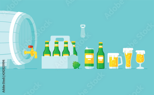 Vector of different type of beer glass, bottle and can types.