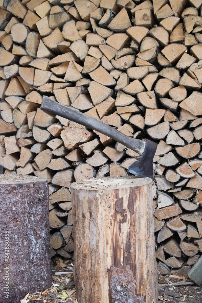 Old ax in stump and chopped firewood pile, Old ax in stump and chopped firewood pile,