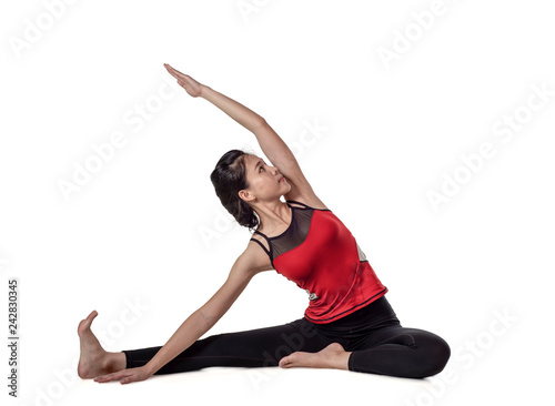 Sporty young woman doing yoga practice isolated on white background. Concept of healthy life and natural balance between body and mental development.  with clipping path - Image photo