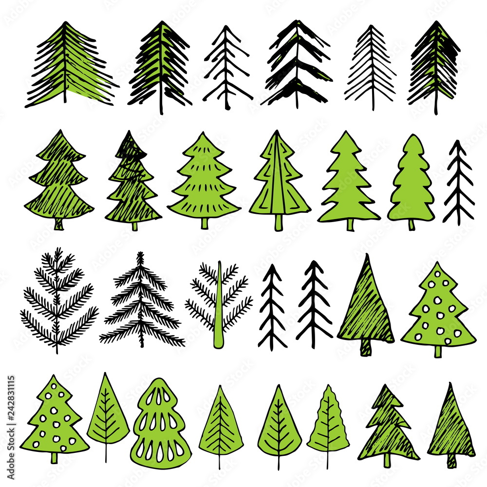 Obraz premium Hand-drawn Christmas trees for winter and holiday illustrations.