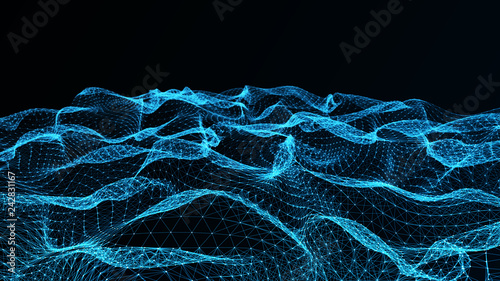 Abstract wavy structure made. Plexus background with connected lines and dots. Digital connection of elements. Imitation waves. 3D rendering.