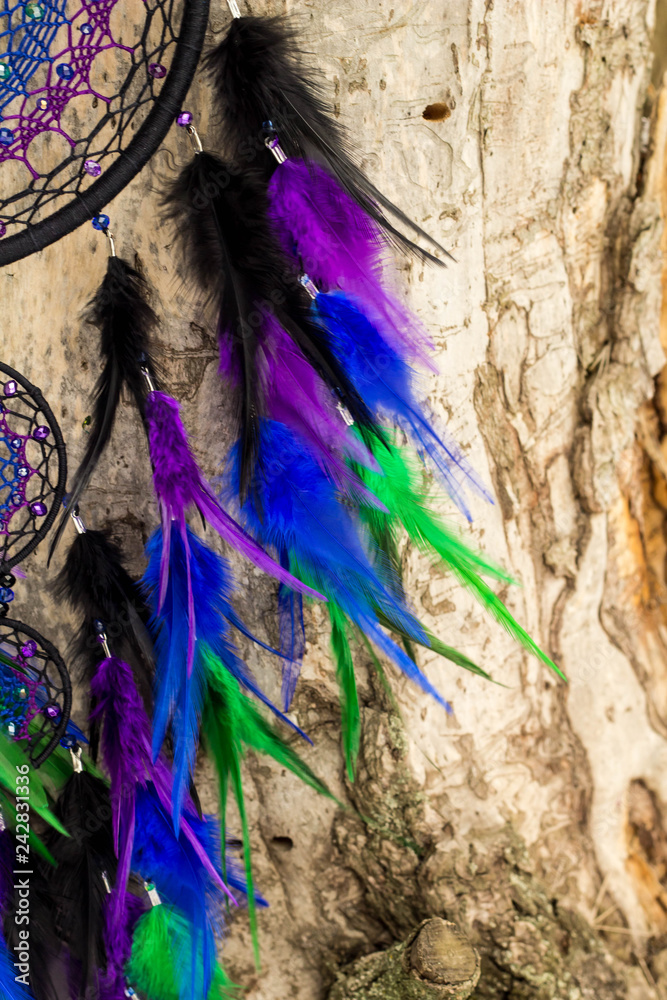 Fototapeta premium Handmade dream catcher with feathers threads and beads rope hanging