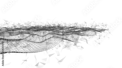 Fototapeta Naklejka Na Ścianę i Meble -  Abstract wavy structure made. Plexus background with connected lines and dots. Digital connection of elements. Imitation waves. 3D rendering.