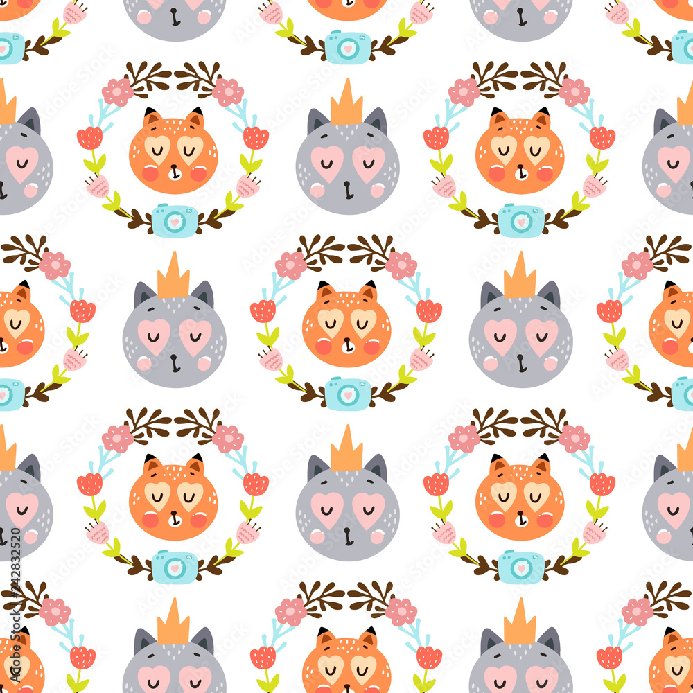 Obraz premium Seamless pattern with cute happy animals