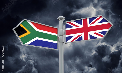 South Africa and United Kingdom guidepost. Moving in different directions. 3D Rendering
