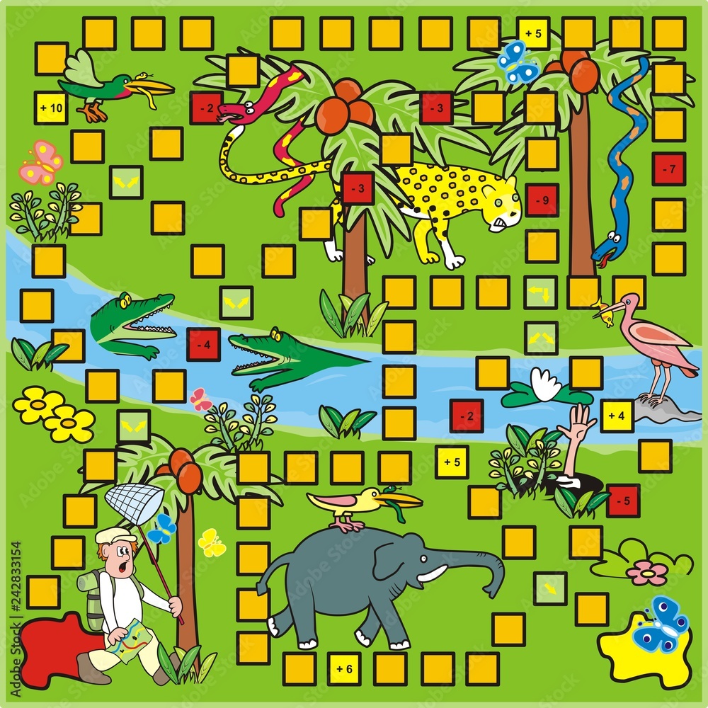 Board game, man and animals at tropic landscape, vector illustration