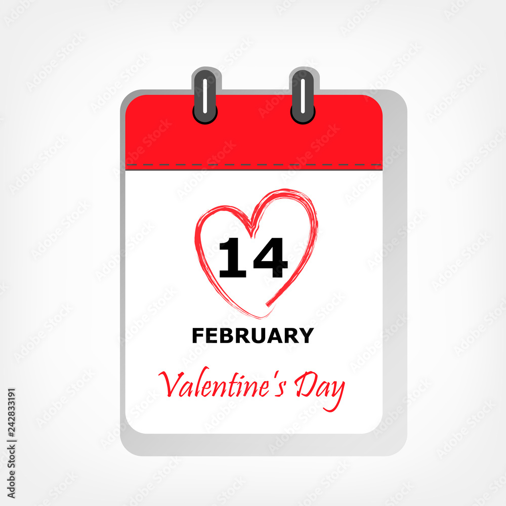 calendar sheet with 14 february Valentines day date circled in red heart shape, square vector illustration calendar sheet with 14 february Valentines day date circled in red heart shape, square vector illustration