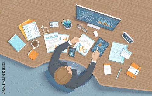 Businessman analyzes documents,charts, graphics at the table. accounting, analysis, audit, financial report. Workplace Desktop Workspace Armchair, business office supplies.  Vector Business background