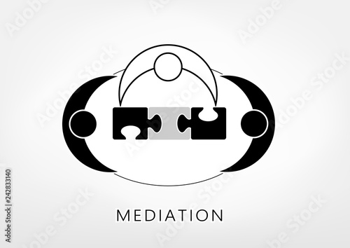 mediator and two persons add up puzzle pieces on the light grey background, top view, vector illustration, horizontal