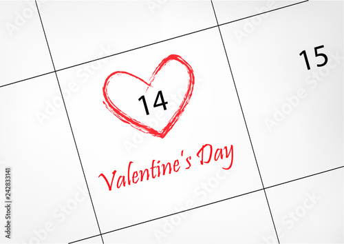 calendar with 14 february Valentines day date circled in red heart shape, horizontal vector illustration