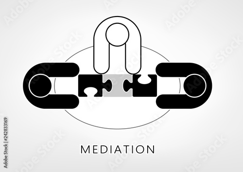 mediator and two persons add up puzzle pieces on the light grey background. flat style, top view, vector illustration, horizontal