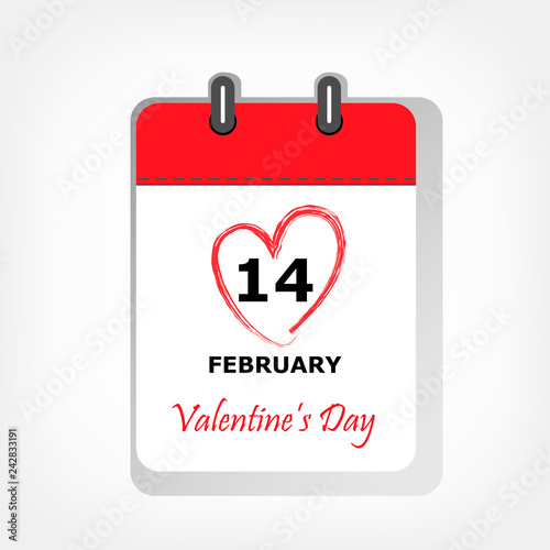 calendar sheet with 14 february Valentines day date circled in red heart shape, square vector illustration