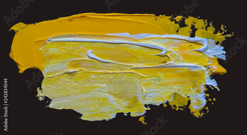 Textured yellow with white oil paint brush stroke, isolated on black background. EPS 10 vector illustration.