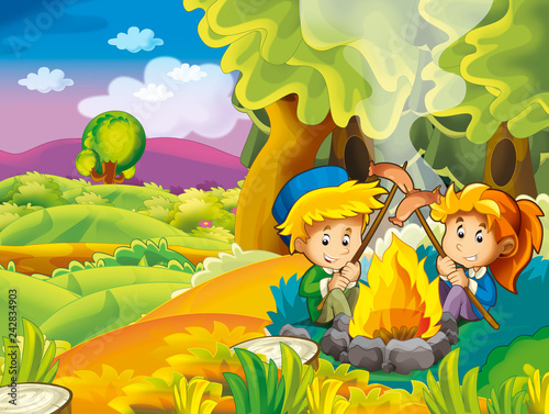 cartoon autumn nature background with kids having fun camping and grilling - illustration for children
