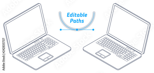 The isometric wireframe model of office laptop set. The outline 3d illustration with editable paths. The technical drawing of business portable computer. The mobile pc with keyboard, screen, touchpad.