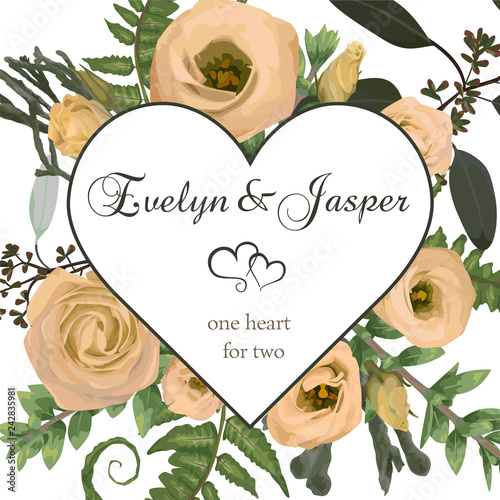 Valentine greeting card, invite card. Vector watercolor style herbs, eucalyptus,  forest fern, brunia, branches boxwood, buxus  and flowers eustoma cream. Decorative heart square frame