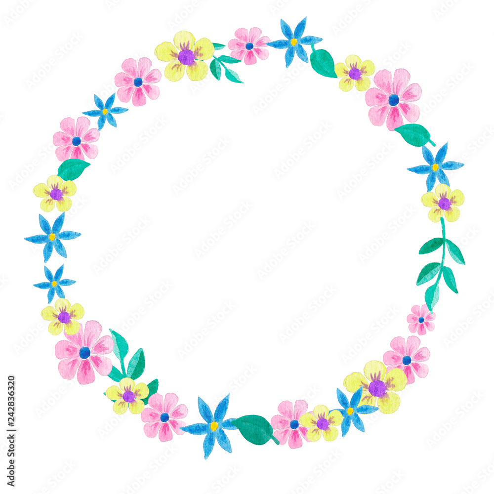 A wreath of watercolor flowers on a white background. Raster blank for design. Cute children's drawing. Flower doodles.