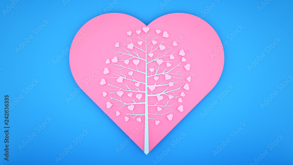 Heart-shaped leaves on the tree. Heart tree in Big pink heart on blue background. Artwork for valentine's day. 3d illustration.