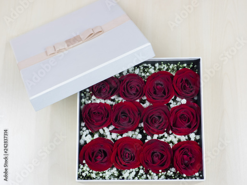 Romantic red roses, Preserved red roses in a box, Flower gift.