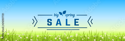 Big spring sale. A banner with an spring panorama