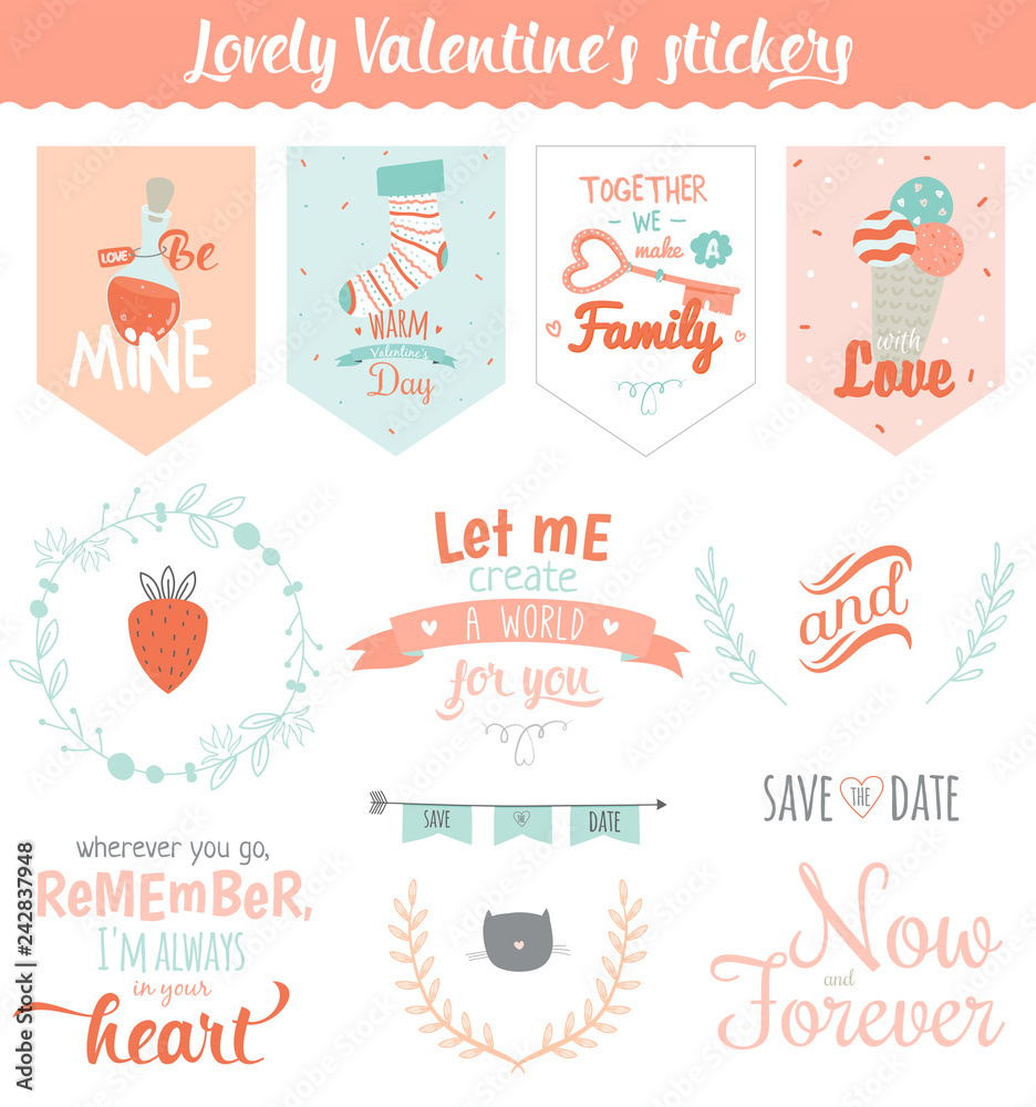 Collection of Valentines day gift tags, stickers and labels templates. Romantic and beauty posters set. Lovely card for Valentine's day, wedding, marriage, save the date, bridal. Vector illustration