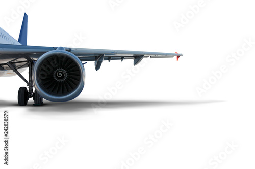 Engine and wing of a commercial air plane close up shot.