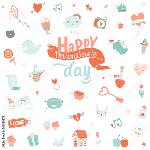Vintage love set of Valentines day design elements. Vector illustration. Romantic and cute symbols: flowers, hearts, birds, sweets. Lovely card with style illustrations and romantic typography