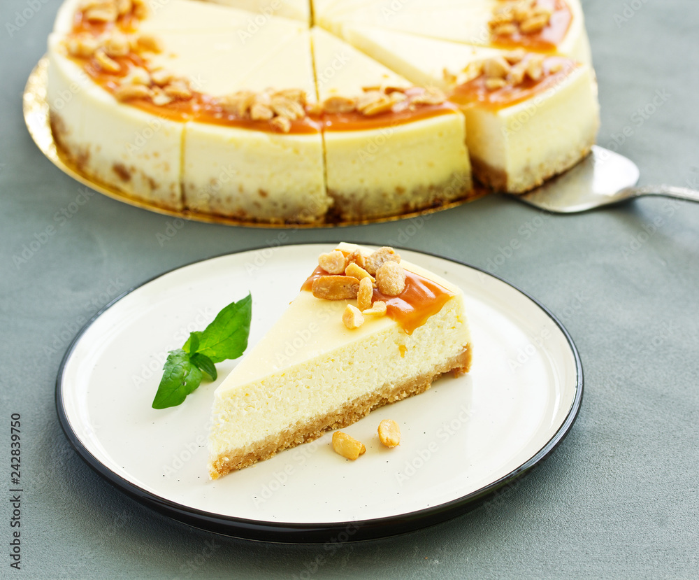Cheesecake with caramel and peanuts. Slice. Cheesecake with caramel and peanuts. Slice.