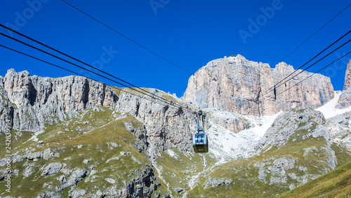 View of the mountain Sass Pordoi from the cable car station on Pordoi Pass, dolomites, Trentino Alto Adige, northern Italy