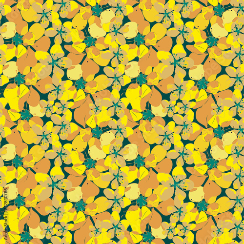 Bright vector seamless pattern. Hand drawn art yellow and gold flowers of blooming mimosa twigs. Background for design, textile, wallpaper, wrapping, cover page, web site, card, carton, print, banner.