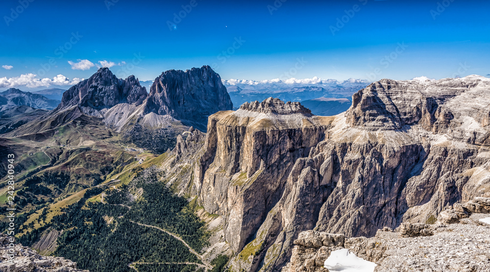 Obraz premium Marmolada mountain range seen from the Sass Pordoi plateau in Dolomites, Trentino Alto Adige, northern Italy, Europe -