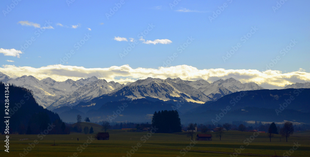 Beautiful alps seen from alpine foothills in Bavaria, Germany