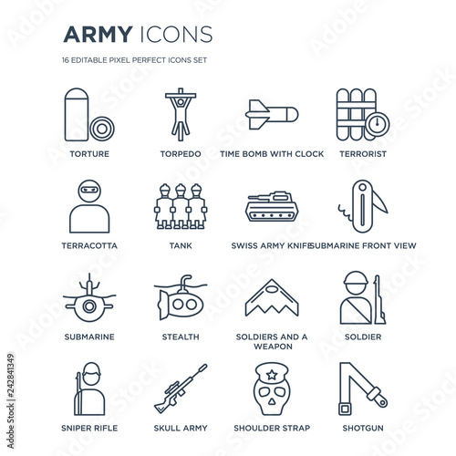16 linear Army icons such as torture, Torpedo, Skull Army, Sniper Rifle, Soldier, Shotgun, Terracotta modern with thin stroke, vector illustration, eps10, trendy line icon set.
